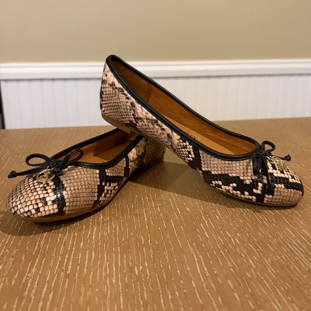 Sam & Libby Women's Size 9 Snakeskin Print Ballet Flats Bow Gold Logo